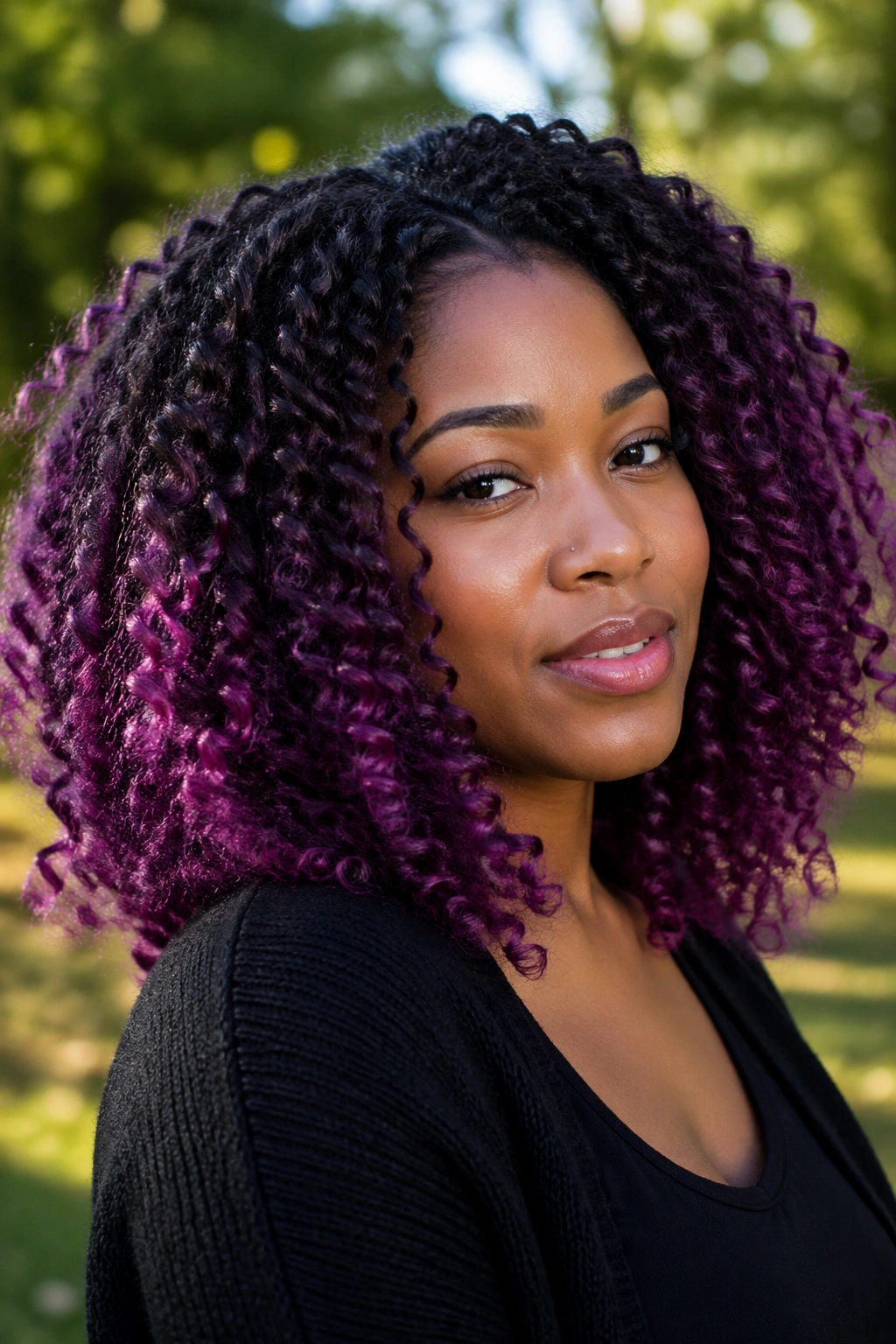 Close-up of a real woman with dark roots and bright purple tips on curly hair