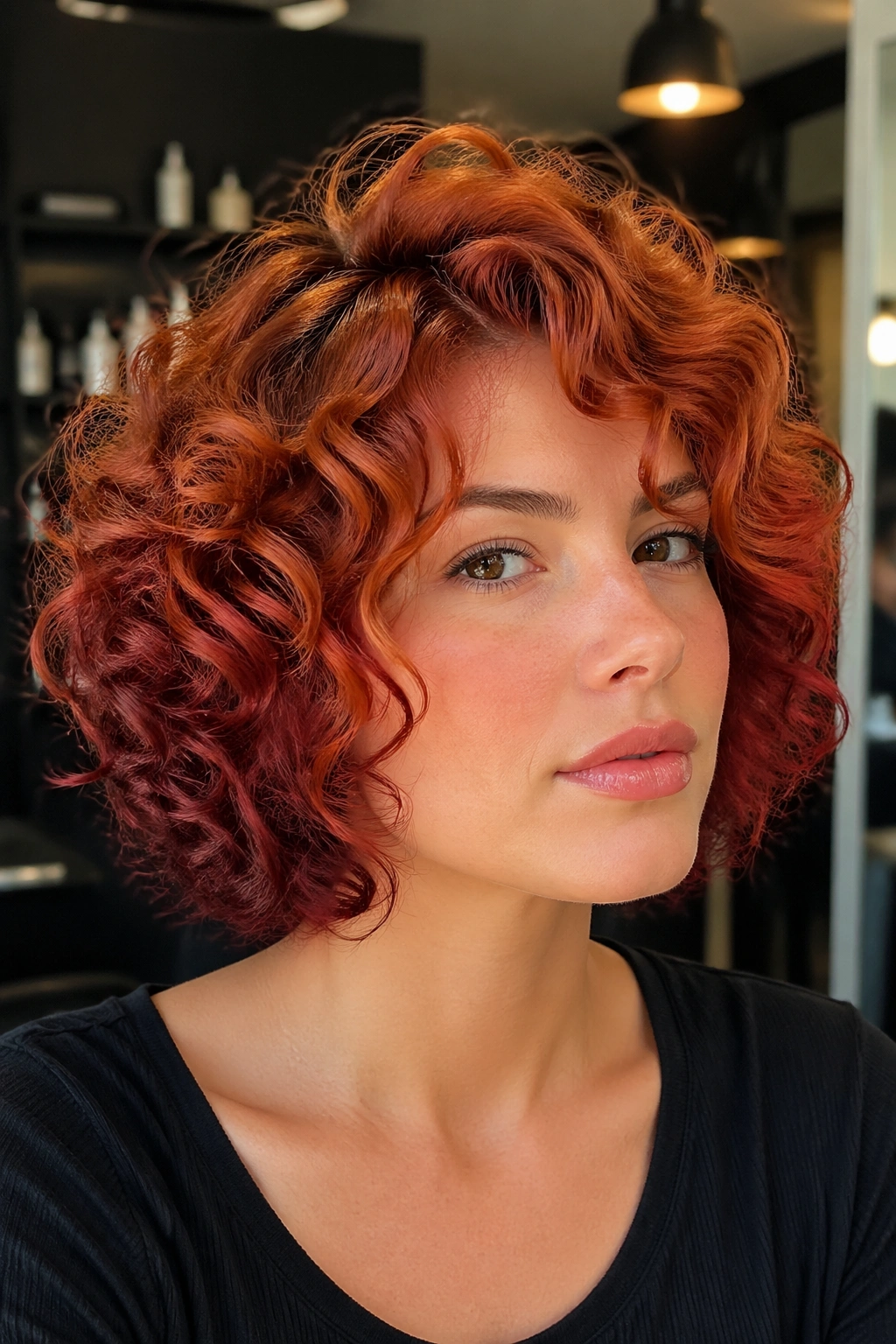 Close-up of a two-tone red curly bob on a real woman