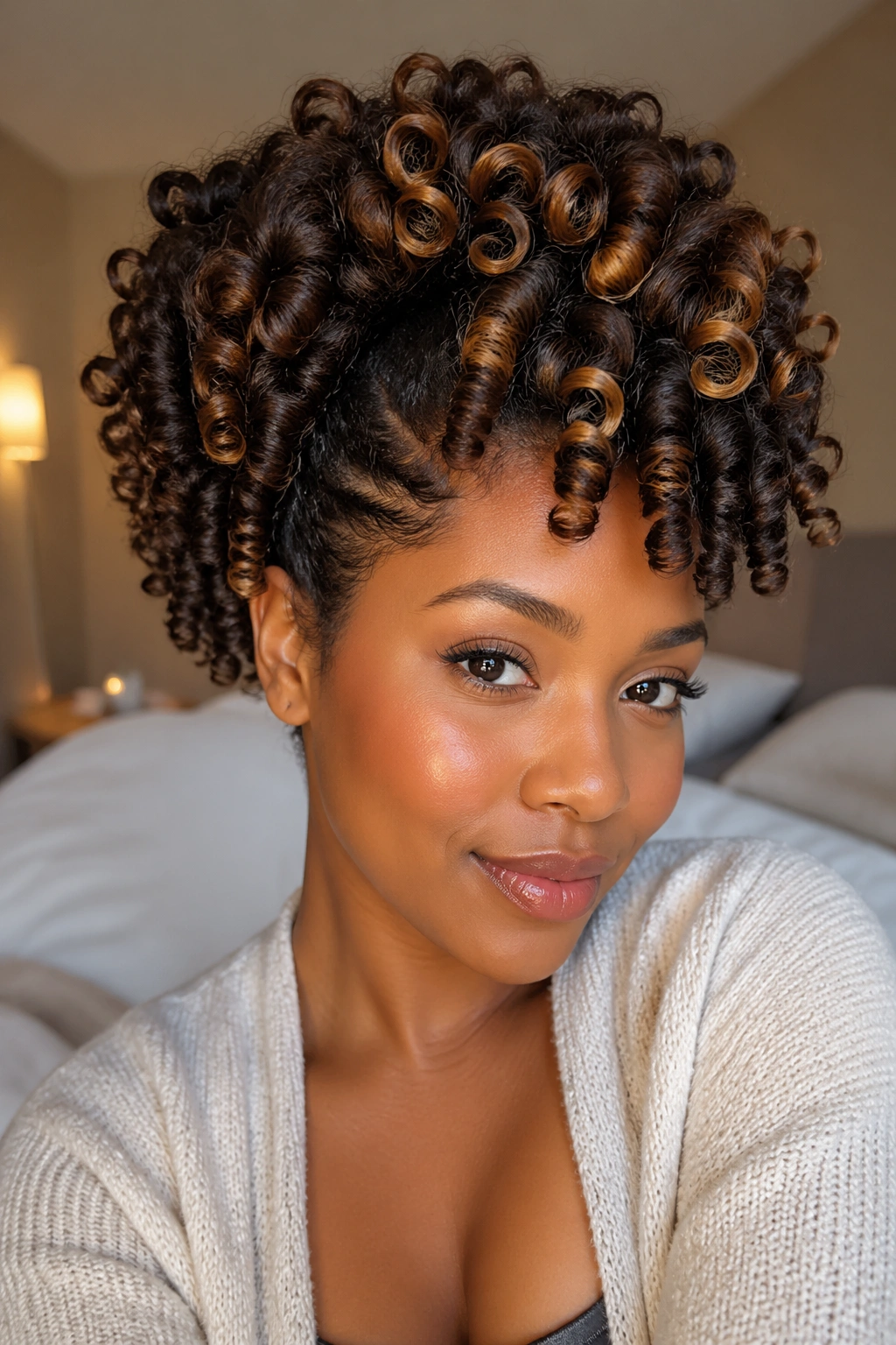 Real person with two-tone sock curls mix, head-and-shoulders portrait