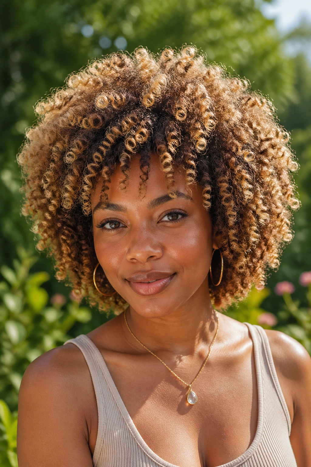 Close-up of a real person with Type 4 curls and warm blonde highlights