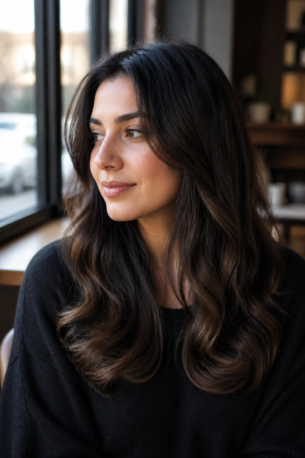 Close-up portrait of a real woman with U-cut waves softly framing an oval face