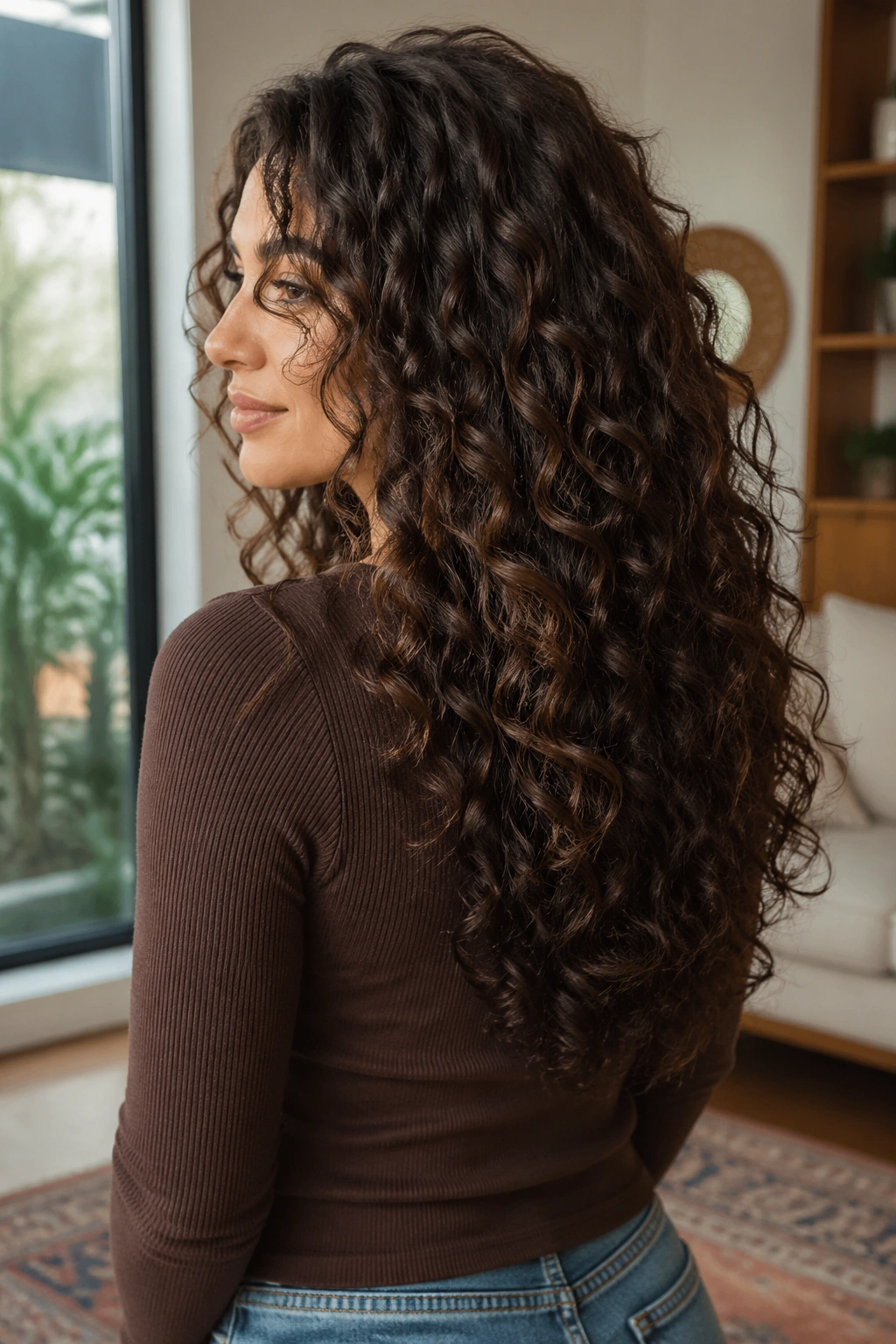 Portrait of a real woman with long curly hair forming a soft U-shape at the back.