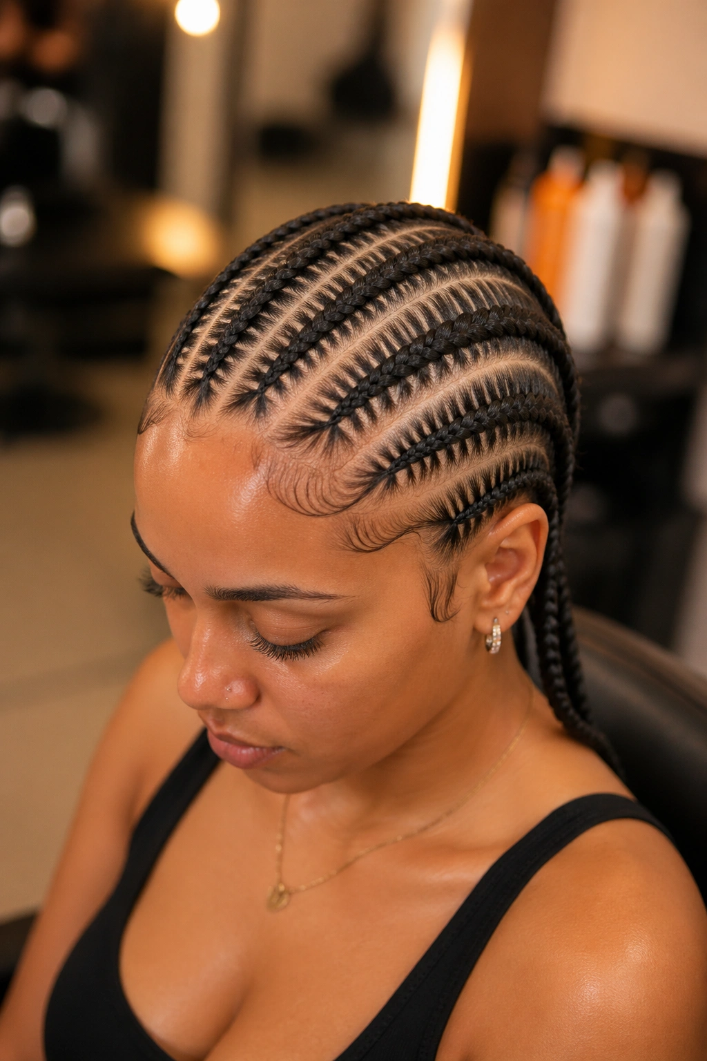 Close-up portrait of a real woman with five top braids and hidden underbraids