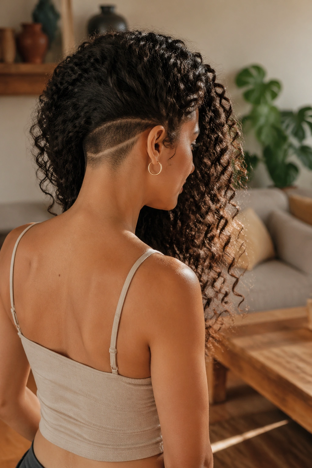 Three-quarter back portrait of person with long natural curls and undercut at the nape.