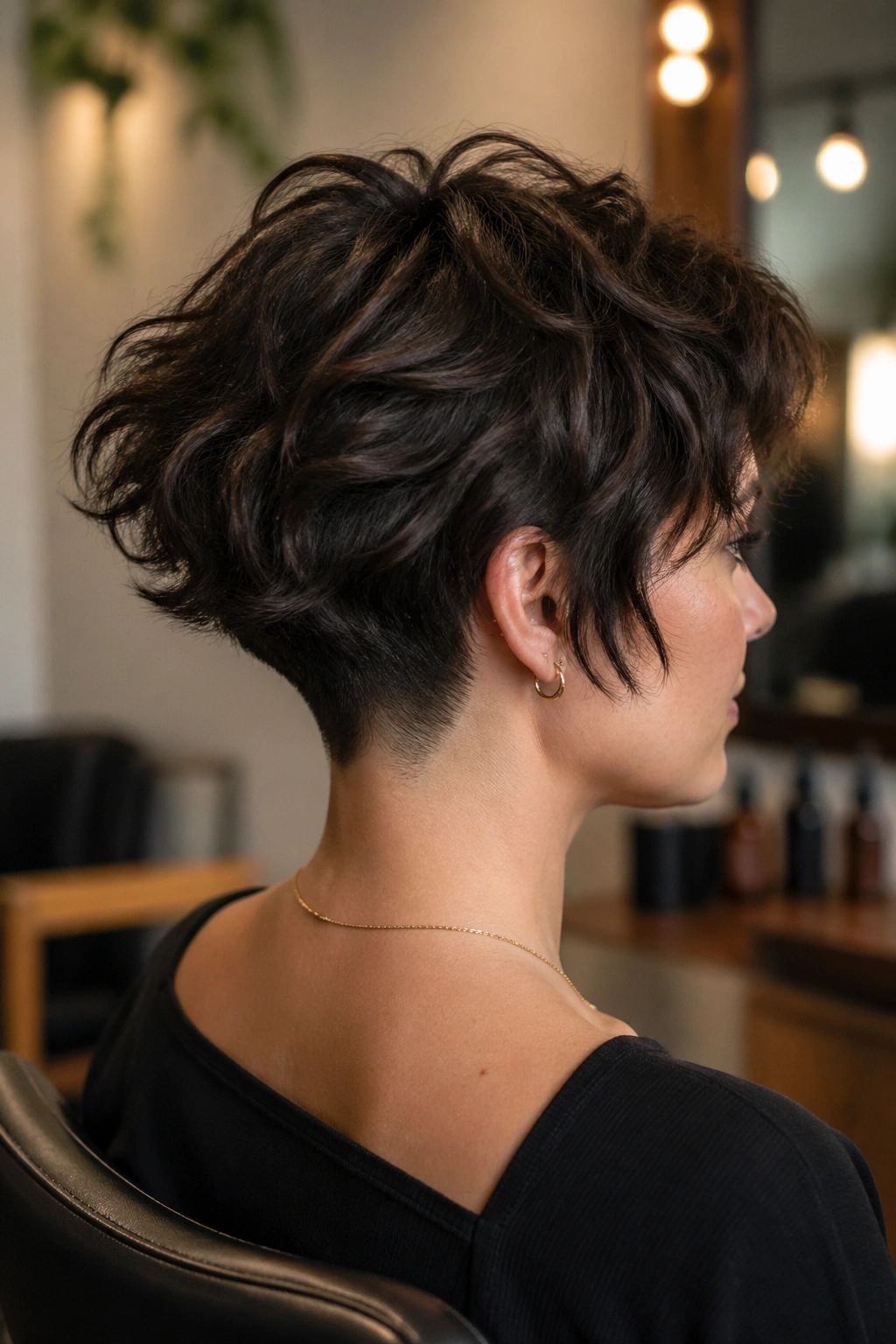 Three-quarter profile of real person with shaggy top and hidden nape undercut.