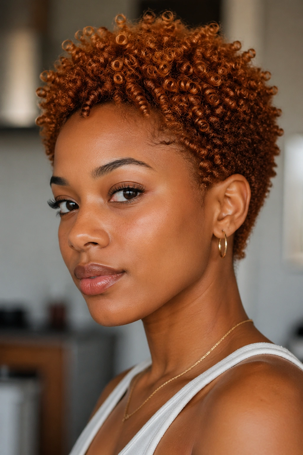 Close-up of a real person with copper hair and warm undertones