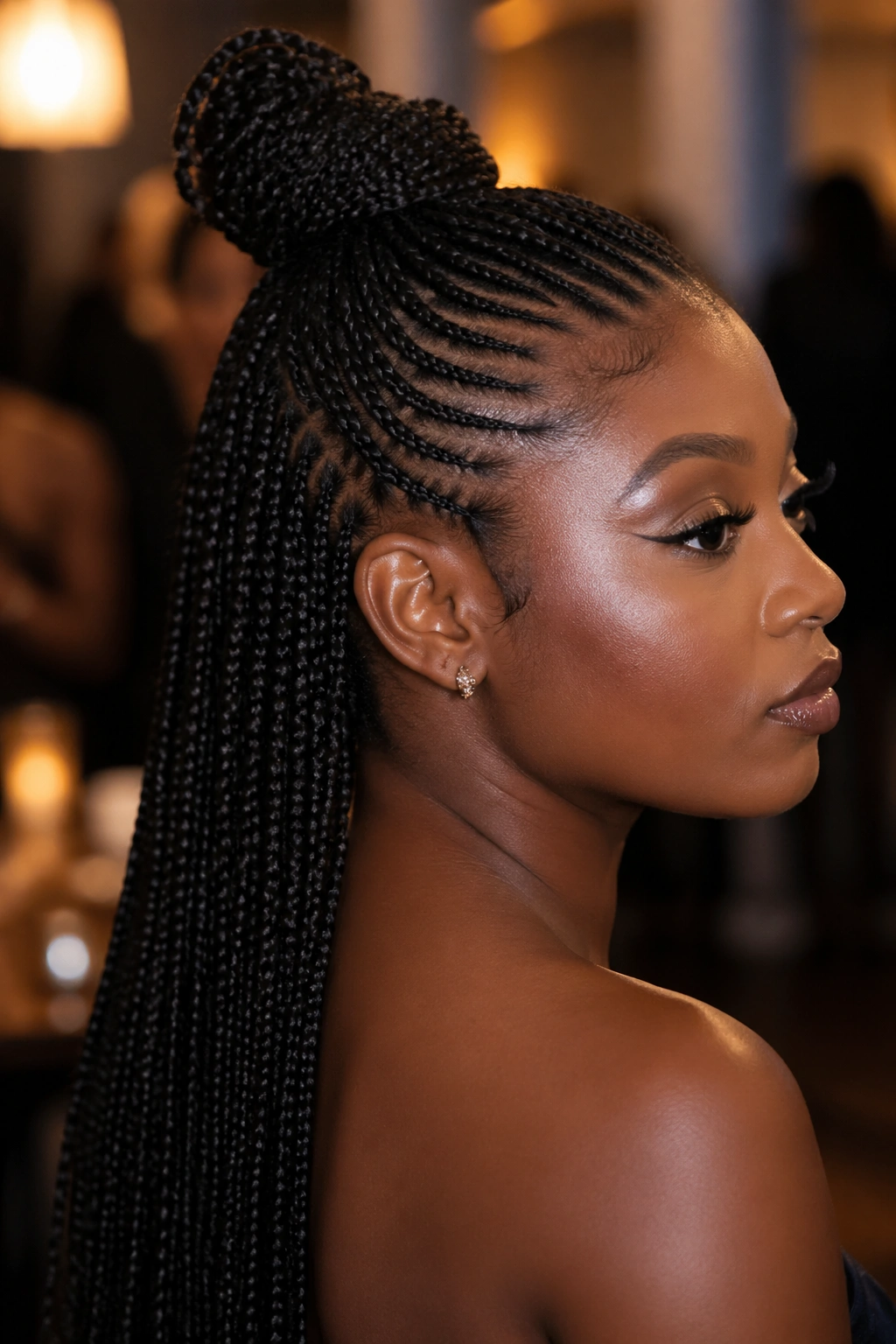 Close-up of a real woman's head showing an updo crown with flowing braids.