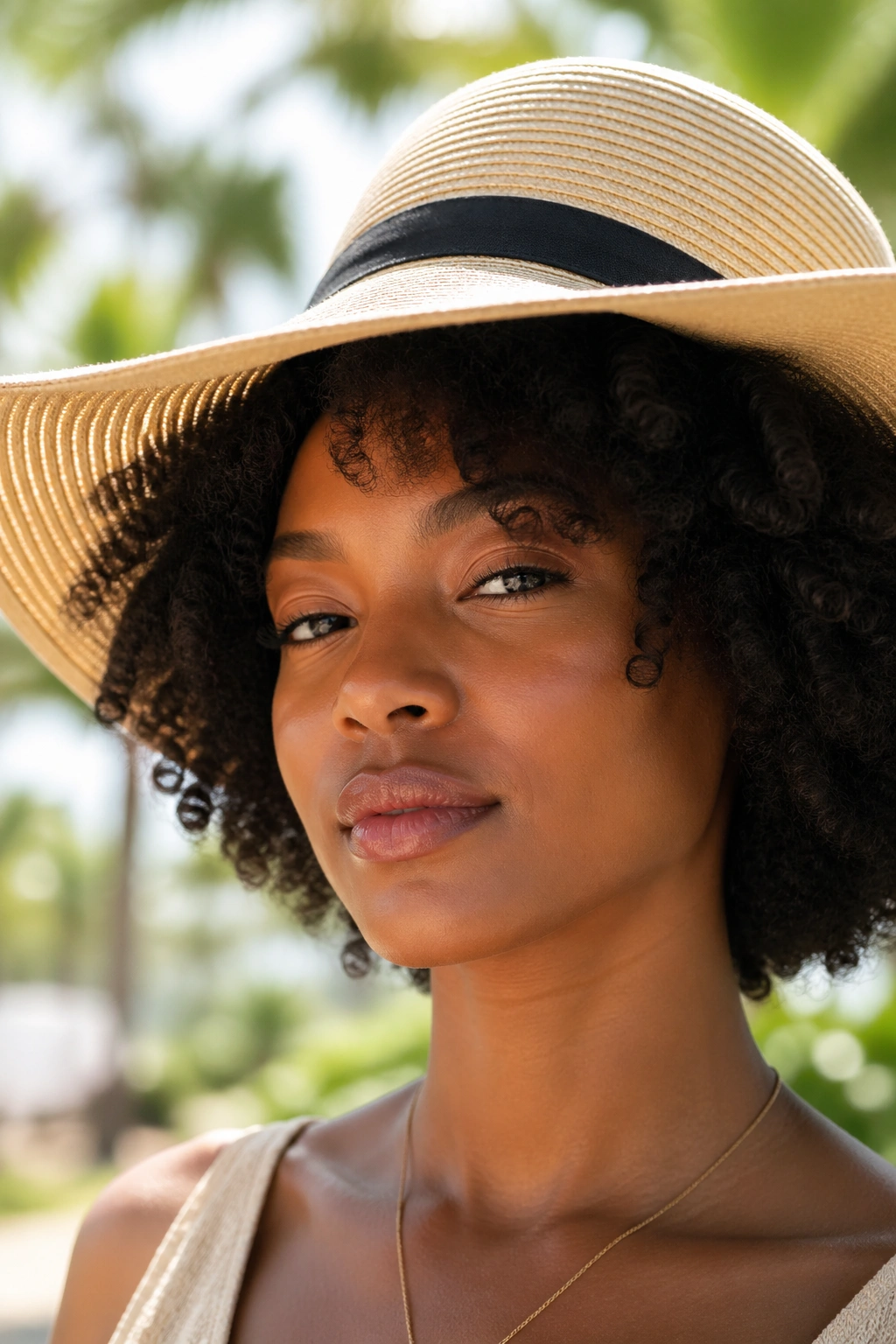 Close-up of hair under a sun hat outdoors