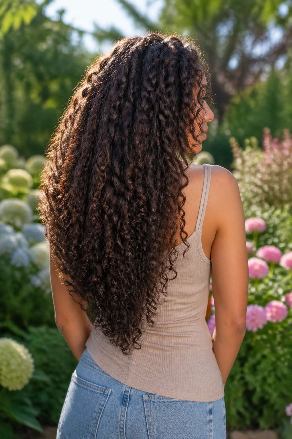 Back view of long curly hair with a dramatic V-cut.