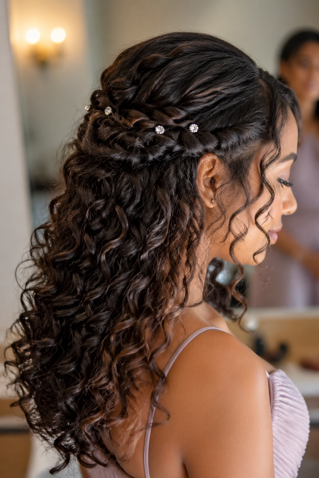 Close-up of real woman's head with veil-friendly braided half-up and polished pins