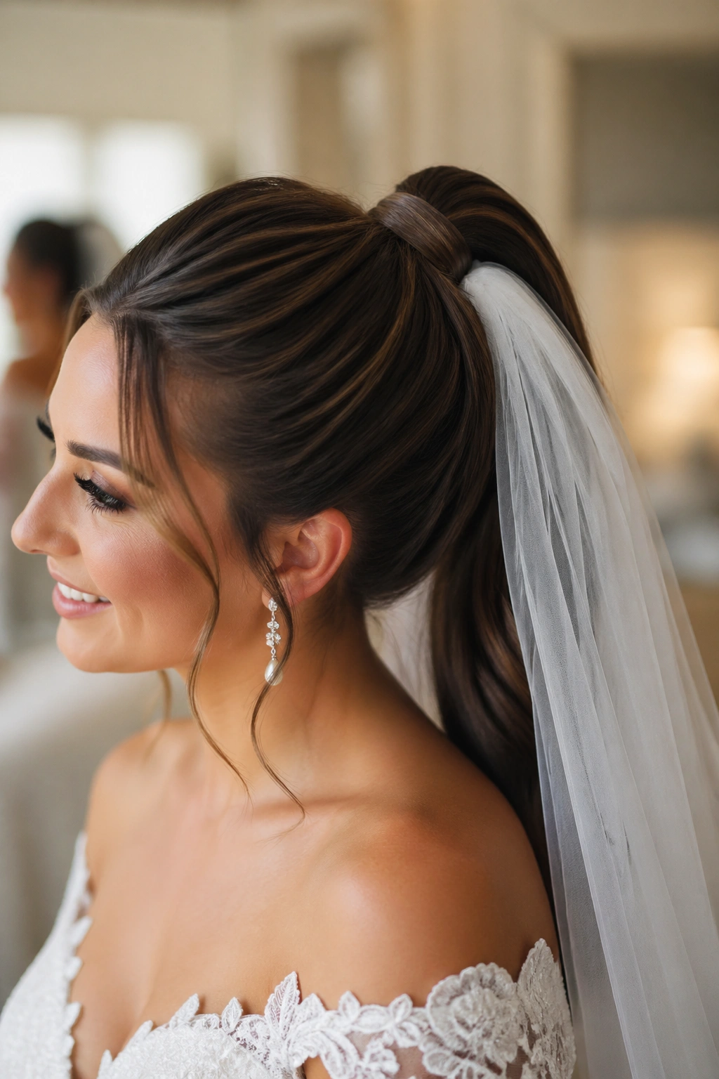 Close-up of a bride's high ponytail base prepared to support a veil with a secure wrap