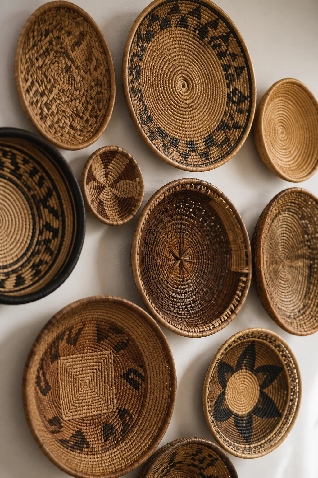 Wall installation of assorted vintage woven baskets