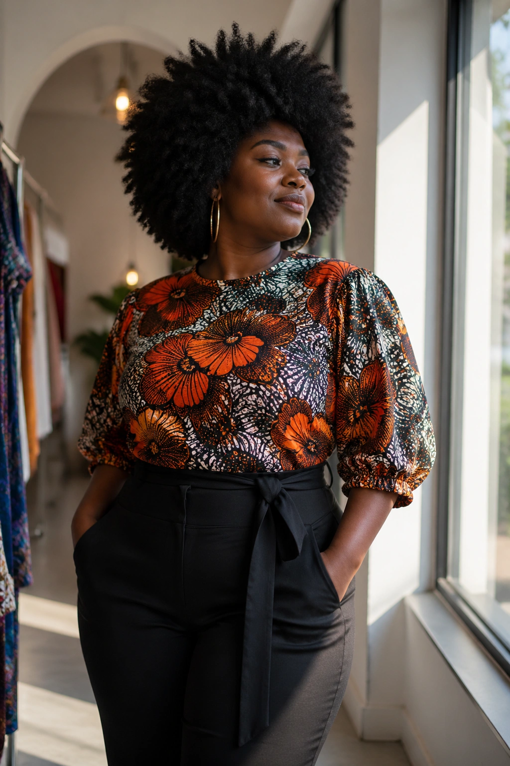 Portrait of a real woman with a full Afro wearing a bold printed top