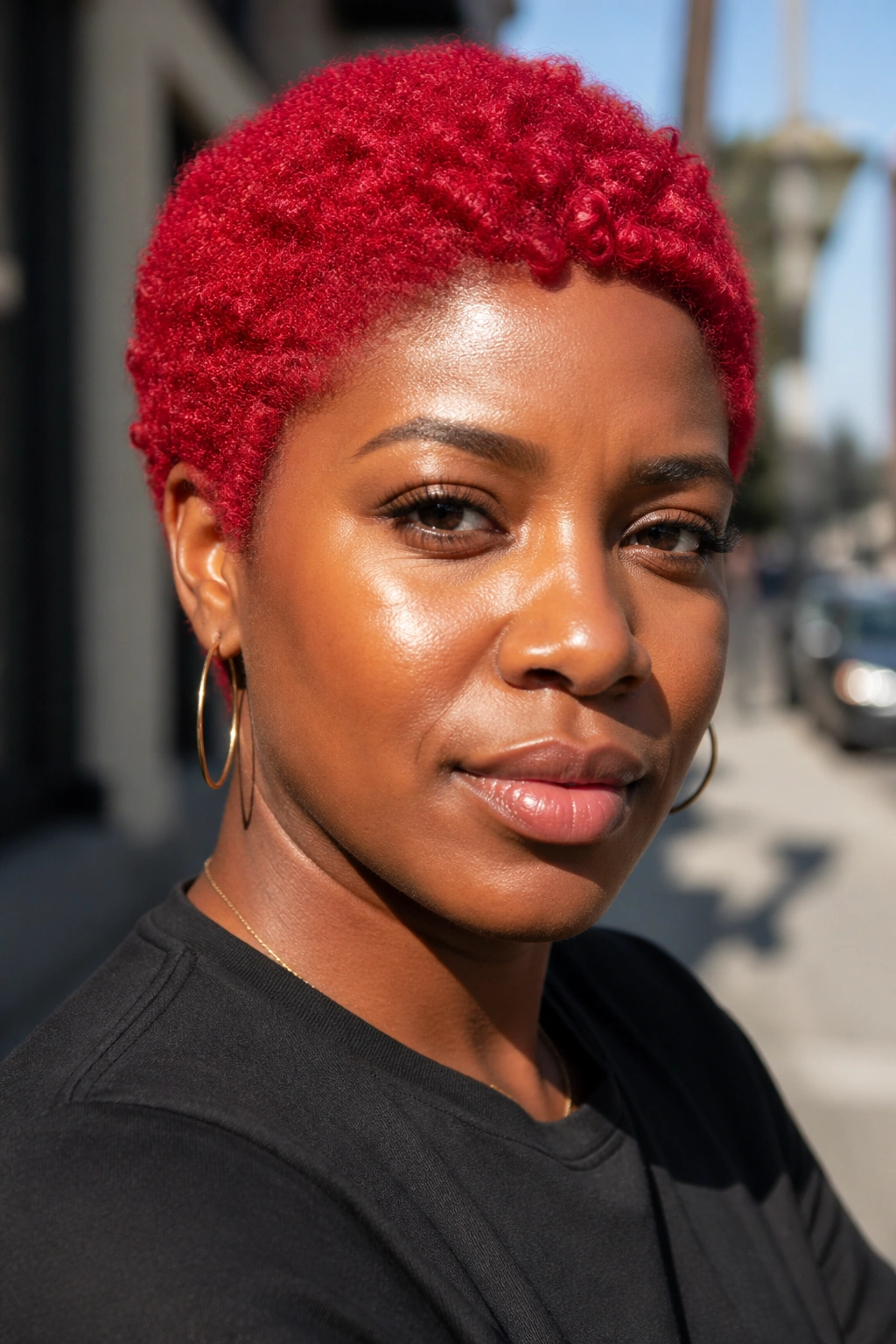 Close-up of a person with vivid red TWA hairstyle outdoors.