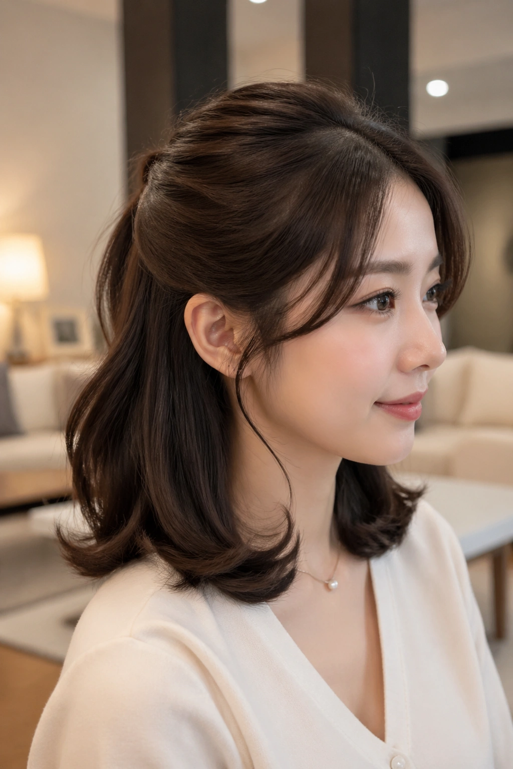 Close-up of a real woman with voluminous C-Curl half ponytail