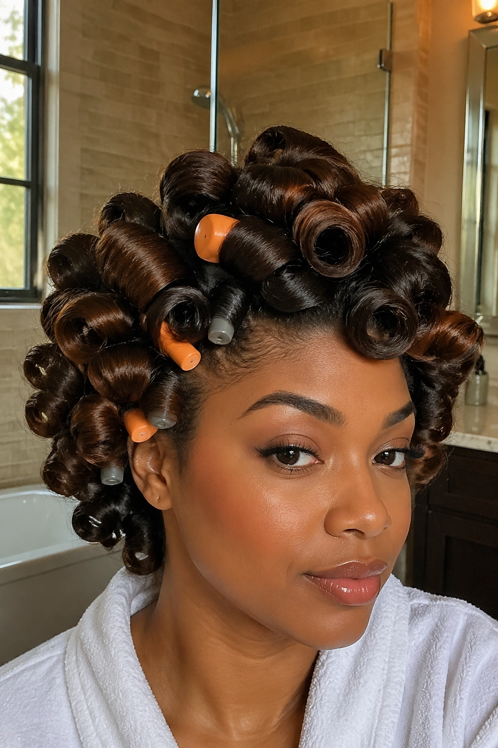 Close-up of a real woman with voluminous curls created using perm rods and flexi rods