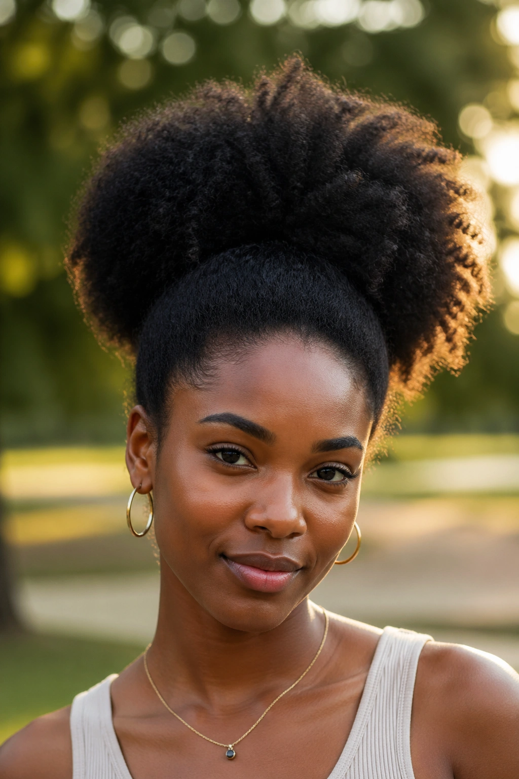 Close-up of a real Black woman with voluminous natural Afro ponytail.