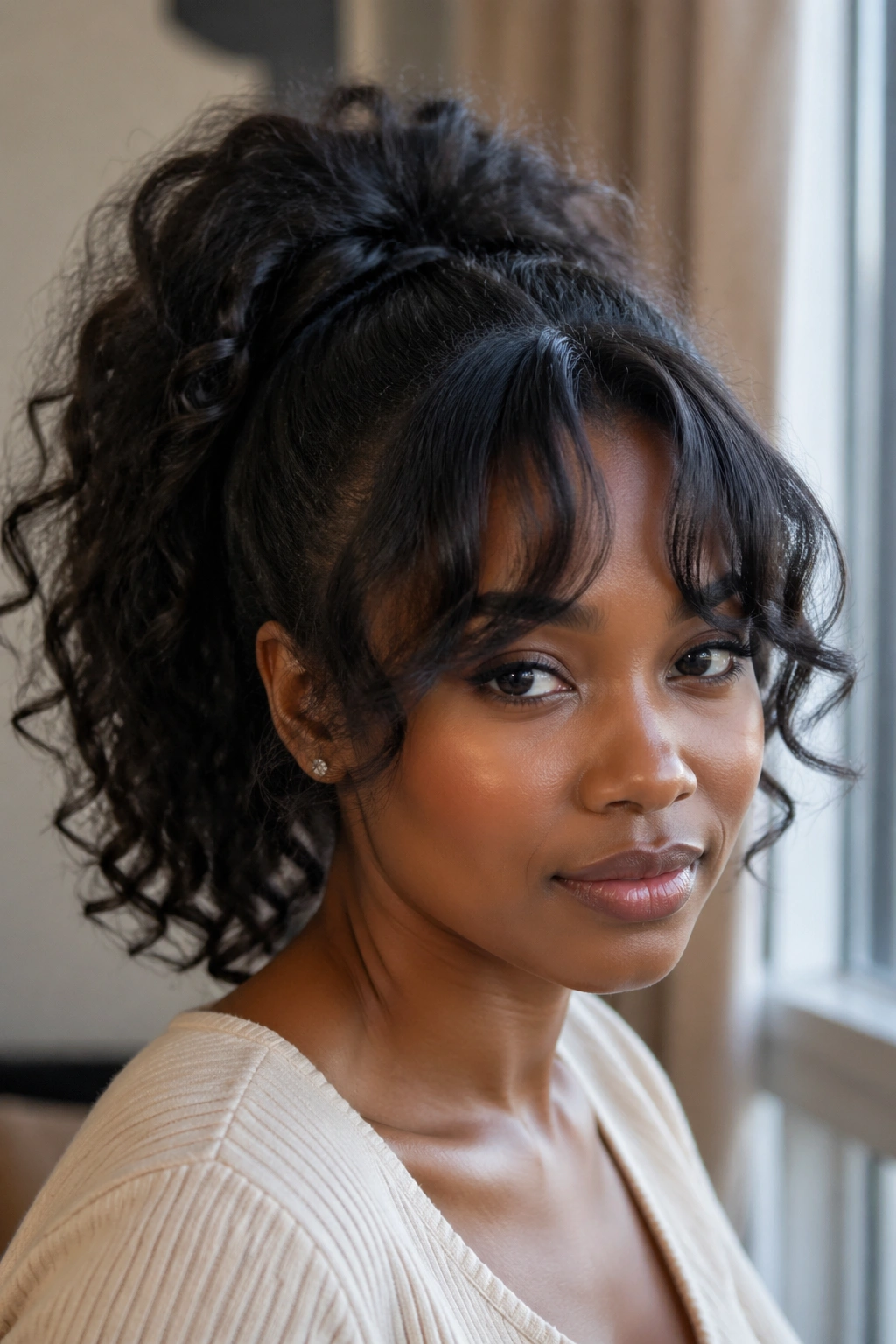 Close-up portrait of a real woman with a voluminous ponytail and curved bangs in warm window light