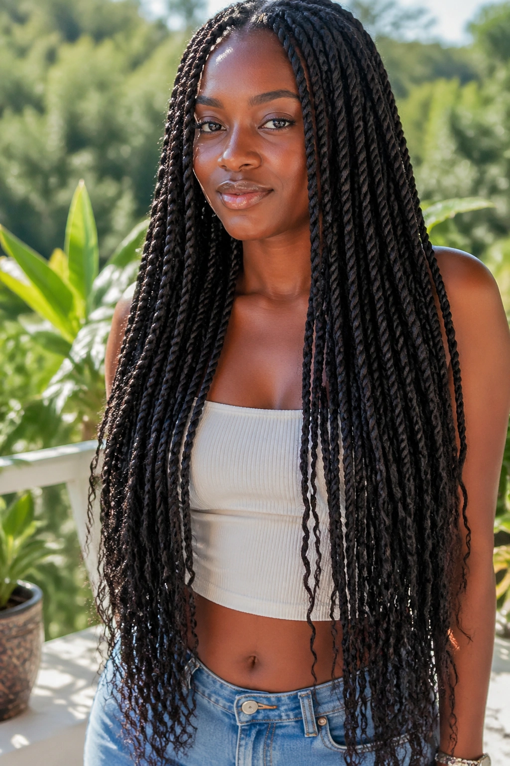 Real person with waist-length Marley twists filling the frame