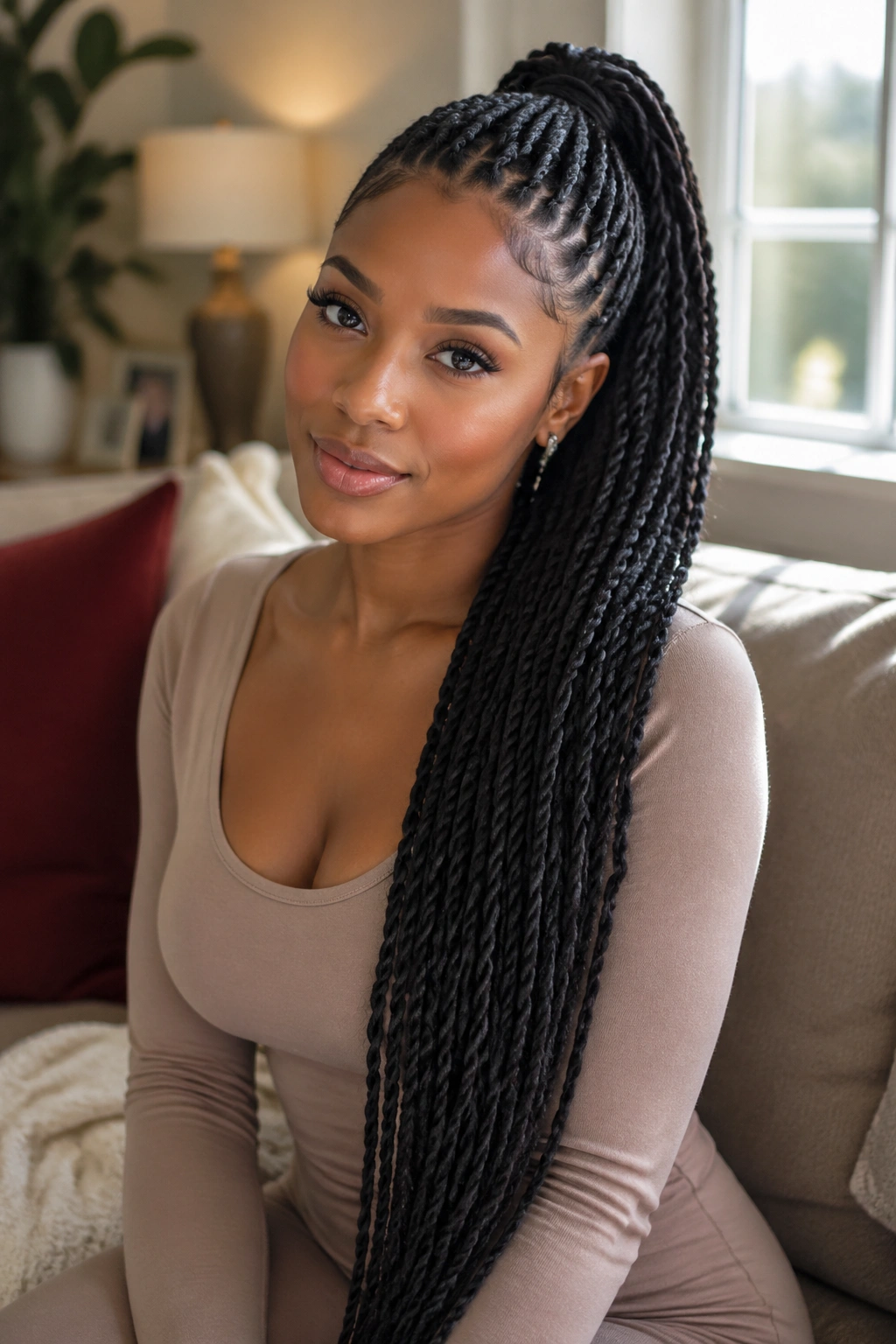 Close-up of a real woman with a waist-length twist ponytail and extensions in warm window light