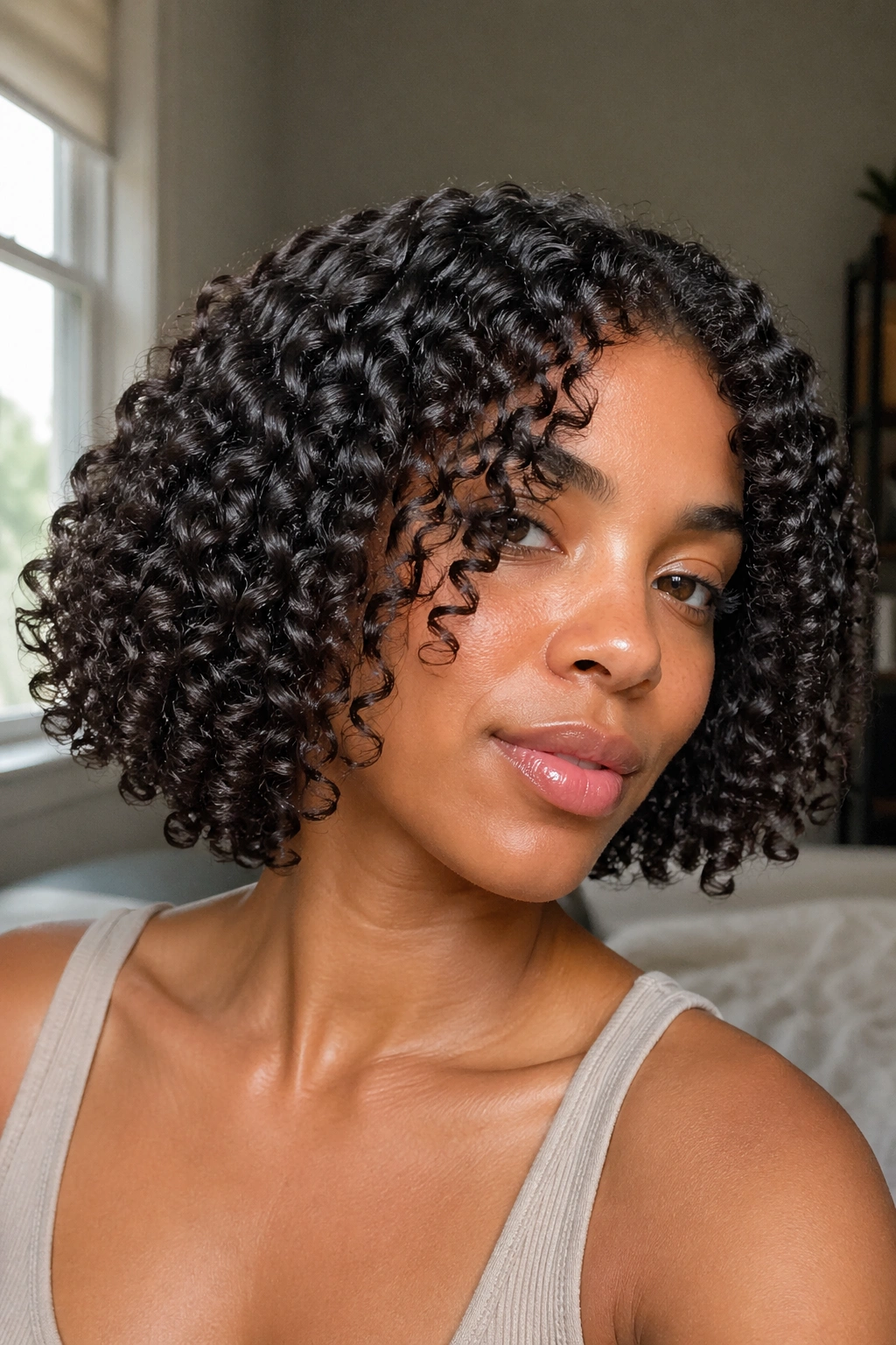 Close-up of a real woman with defined wash-and-go curls in a bob