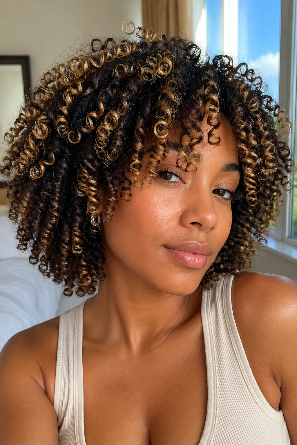 Close-up of a real person with blonde-highlighted wash-and-go curls in natural light