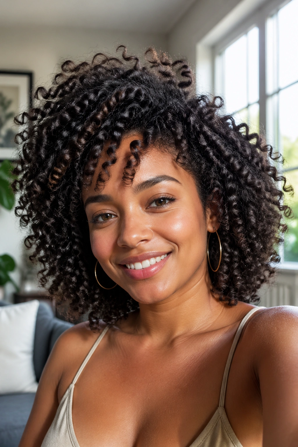Close-up of a real person with voluminous wash-and-go curls.