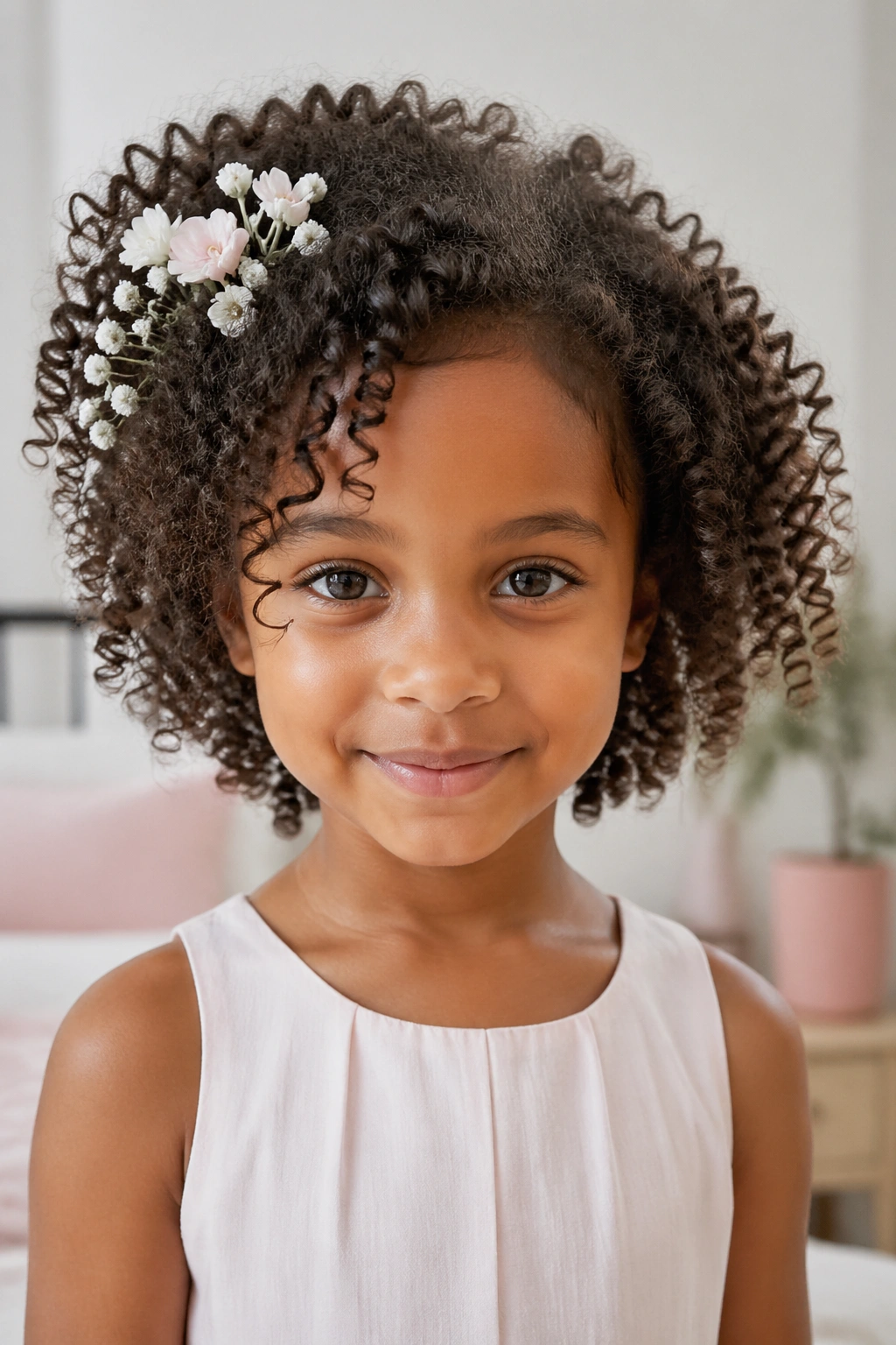 Close-up of a child with natural curls and small fresh flowers in hair