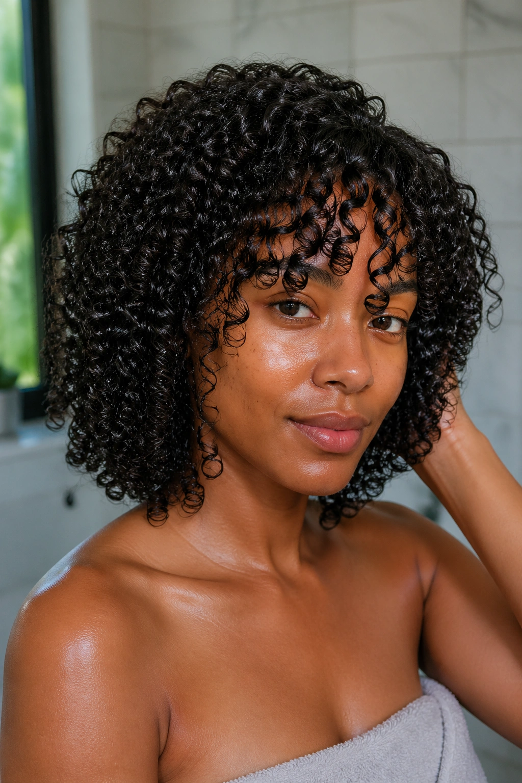 Close-up of a real woman with defined curls after a wash-and-go in humid summer light.