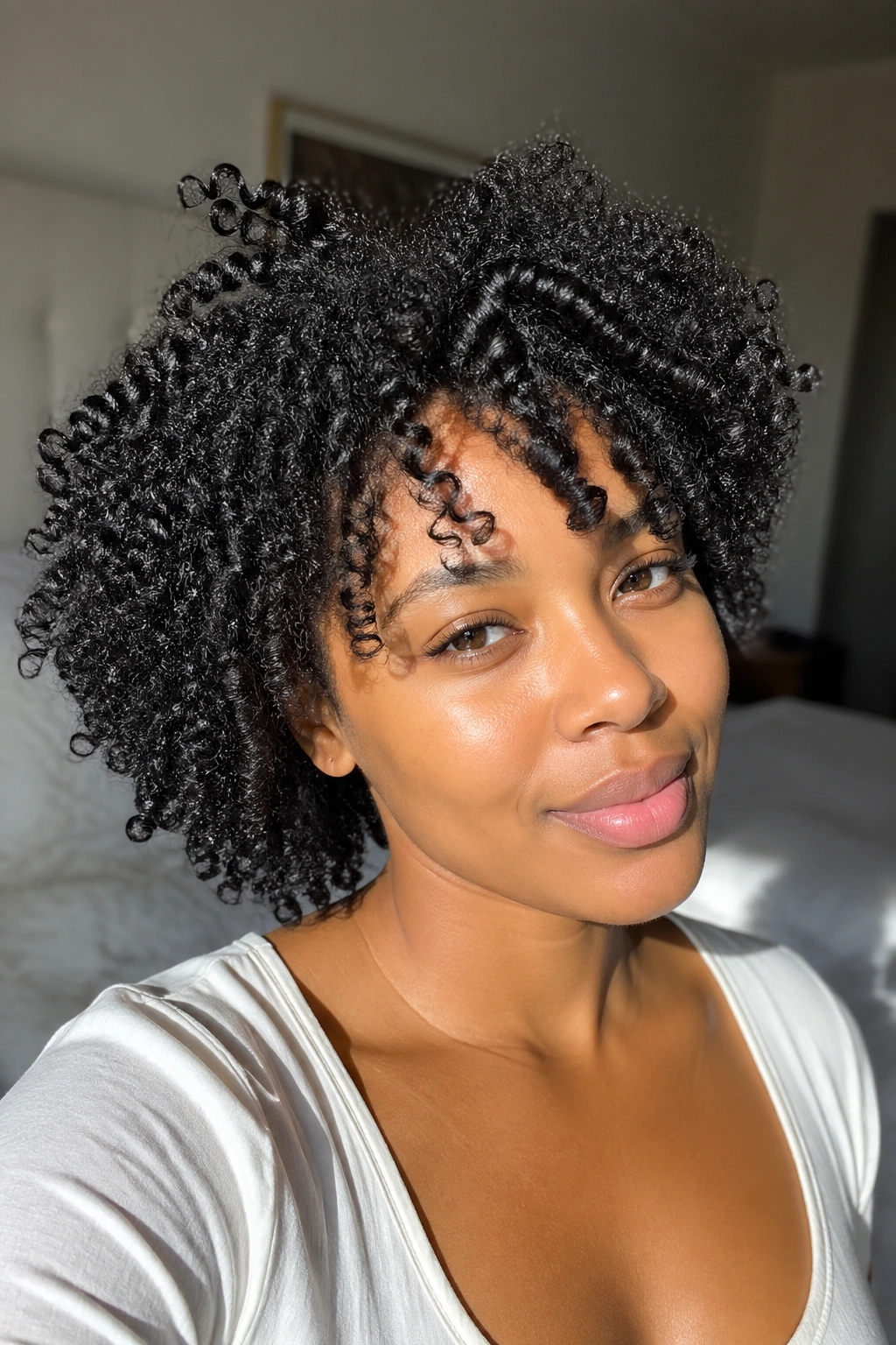 Close-up of a woman showing natural wash-and-go curls