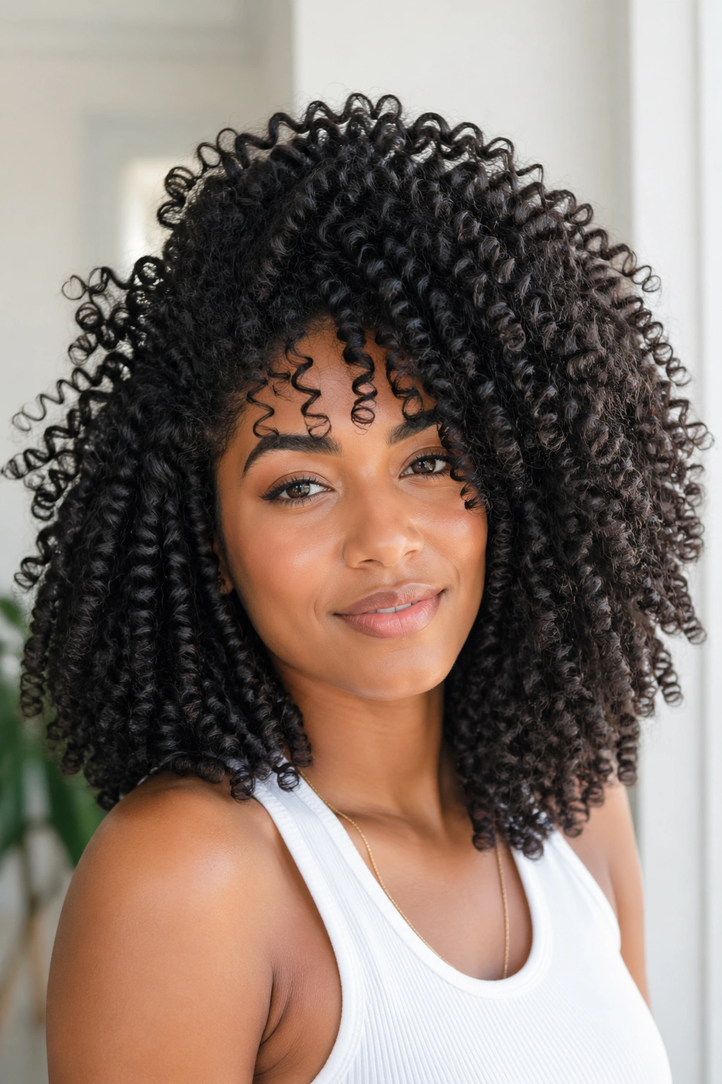 Close-up of a real woman with high-volume wash-and-go curls