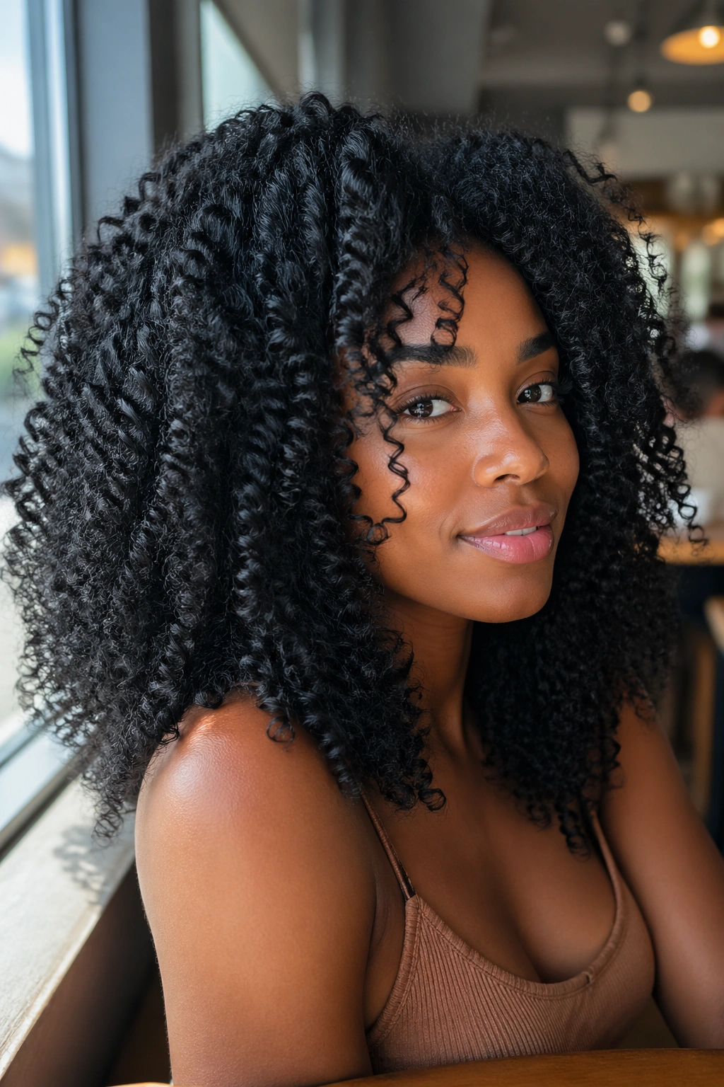 Close-up of a real person with glossy defined coils after a wash-and-go