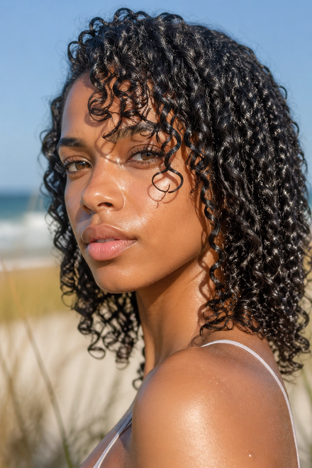 Close-up portrait of a real woman with defined gel-cast curls at the beach