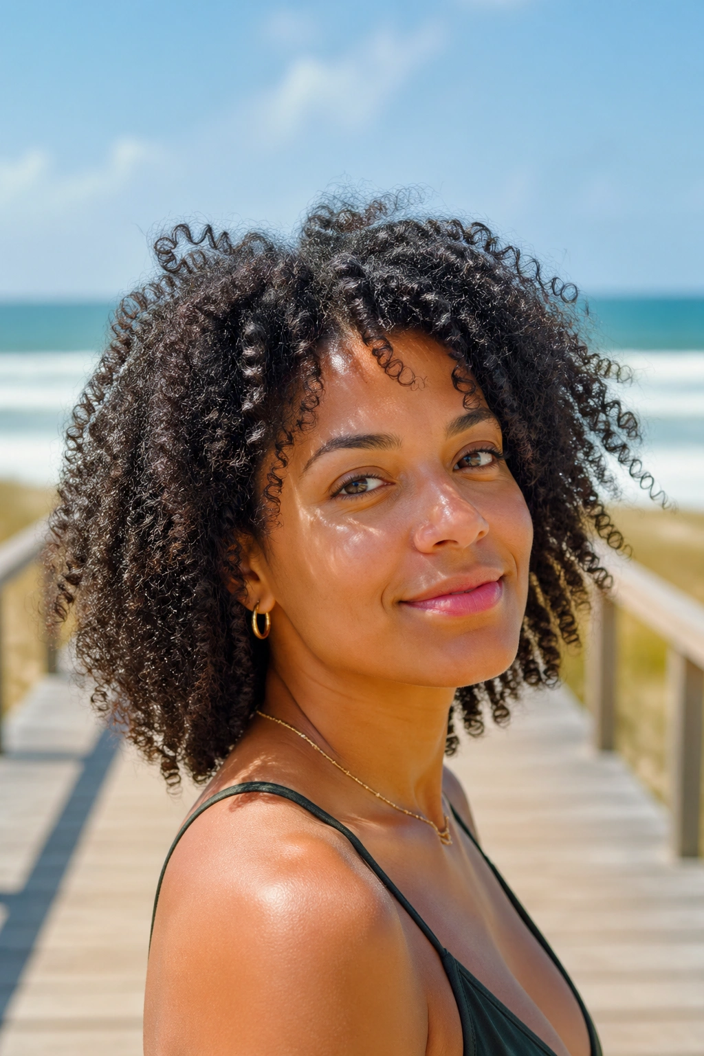 Close-up of loose natural curls at the beach