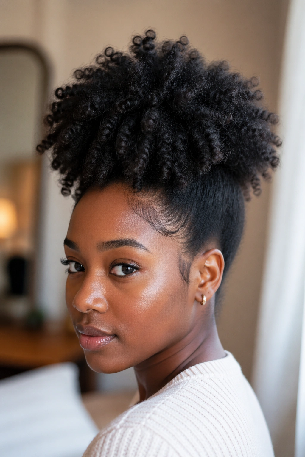 Close-up of a real person with a fluffy wash-and-go puff in a cozy indoor setting