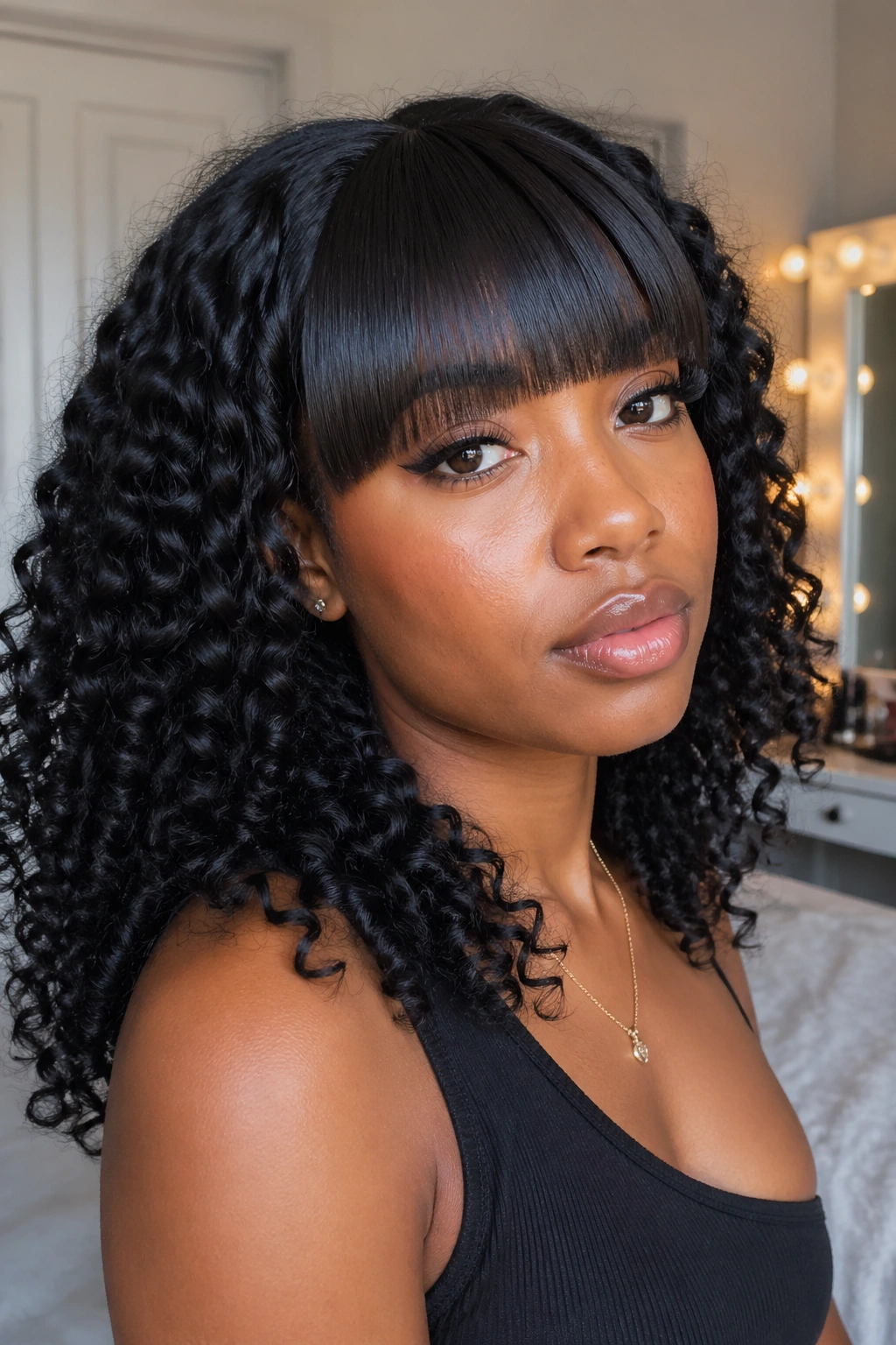 Close-up portrait of a real person with straight bang and defined wash-and-go curls