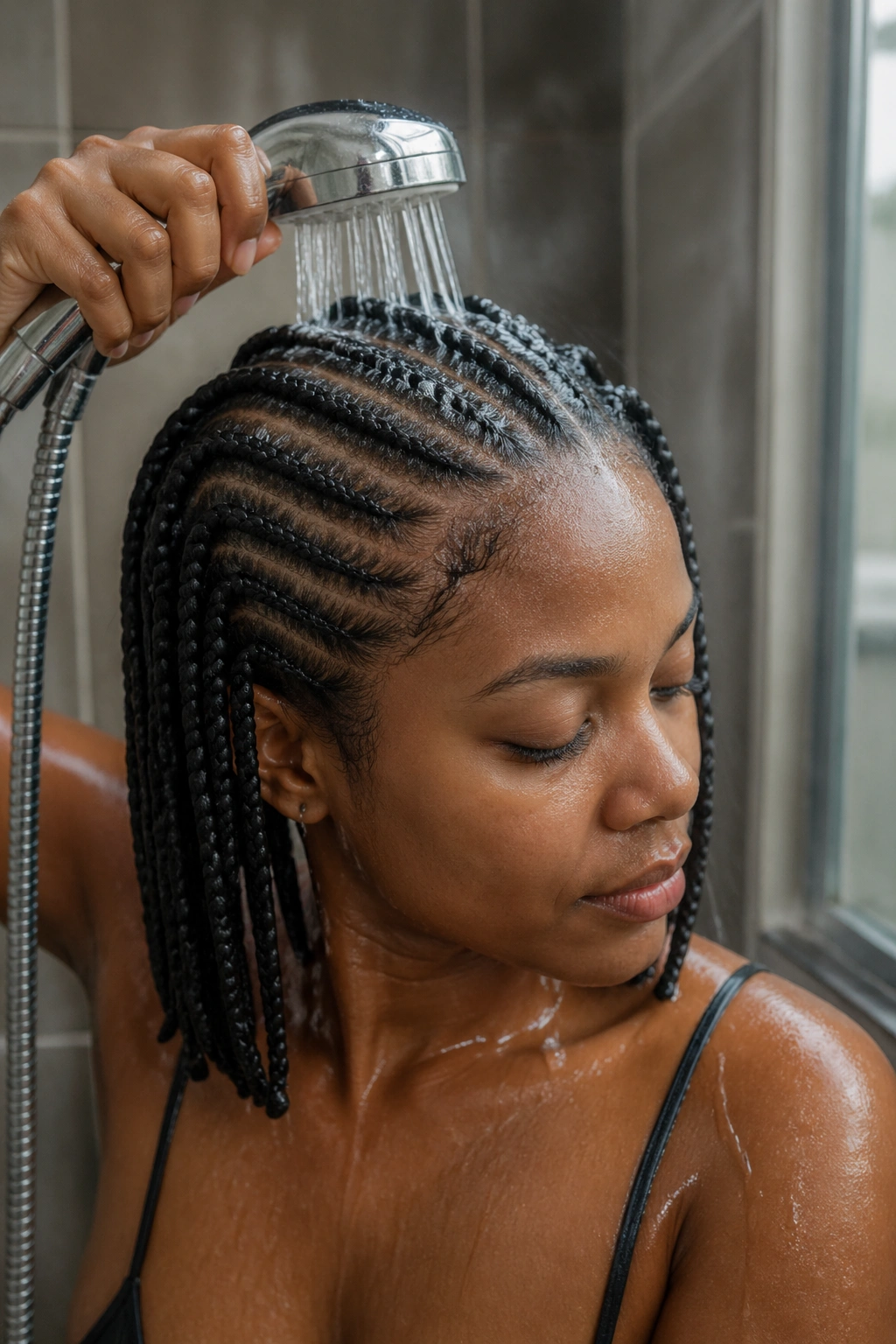 Person rinsing scalp with handheld showerhead during cornrow wash.