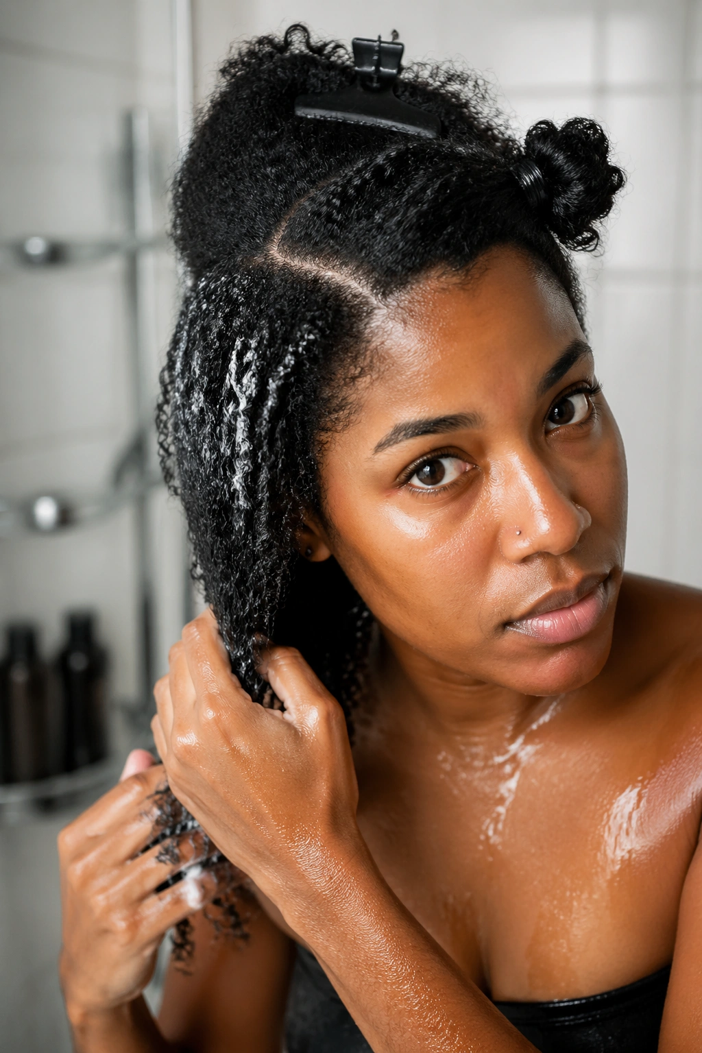 Close-up of a person with damp hair sectioned on wash day in a bathroom.