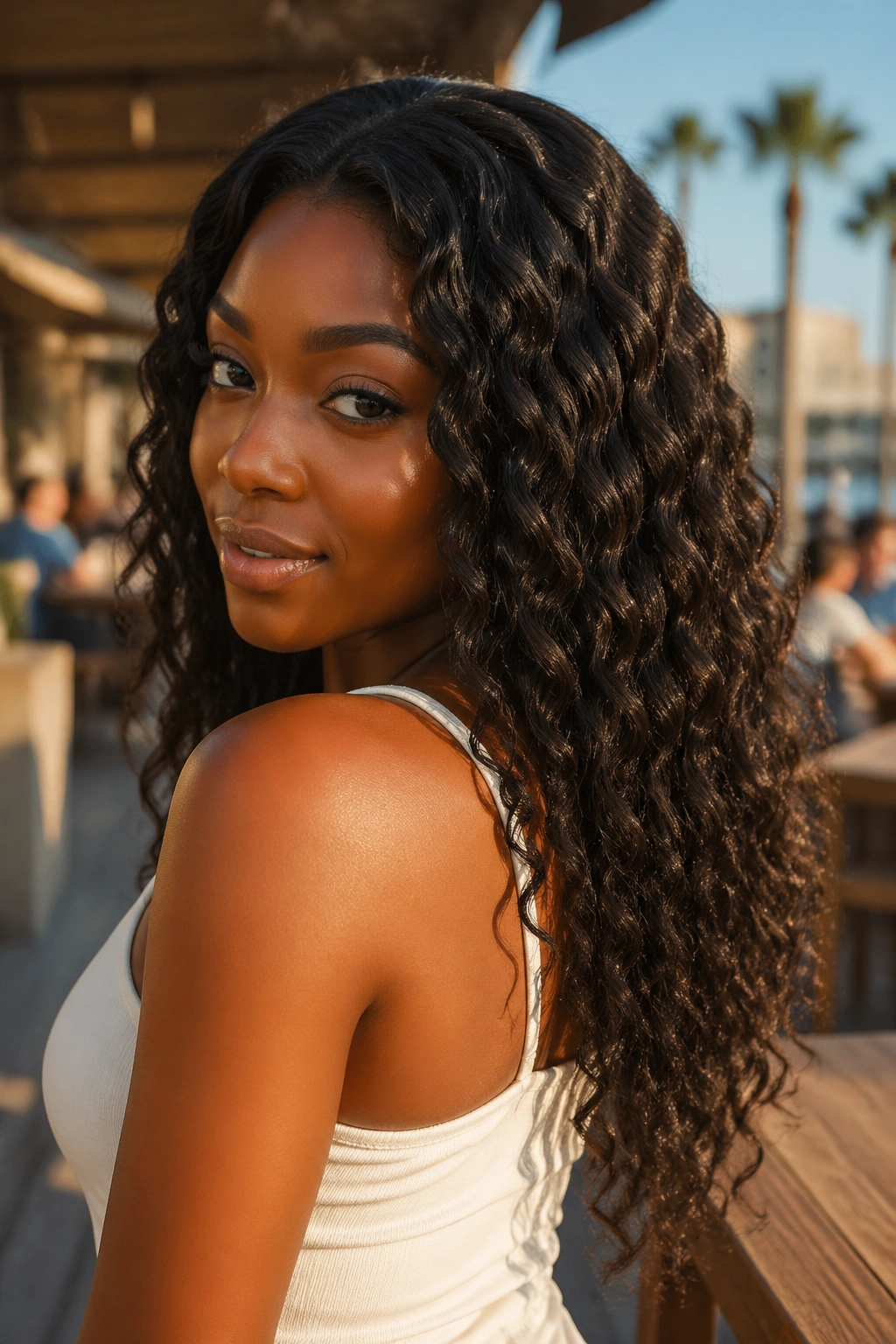 Real person wearing a long water-wave wig outdoors with beachy waves.
