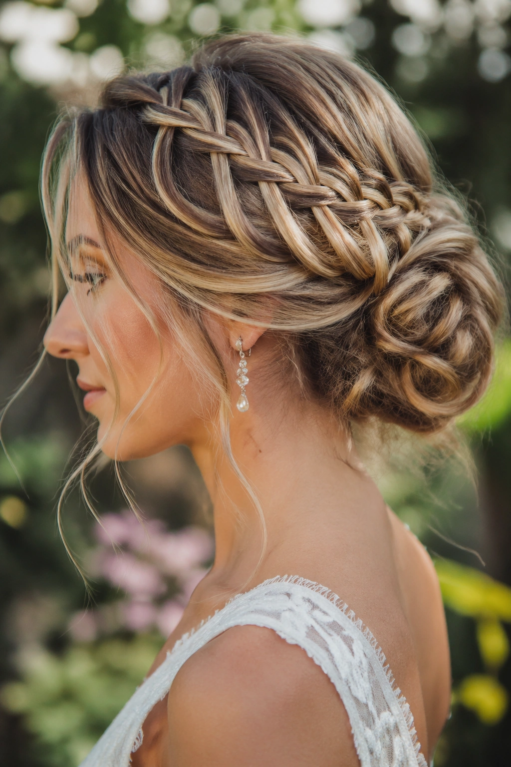 Side-profile of a real bride with a waterfall braid flowing into a tucked chignon.