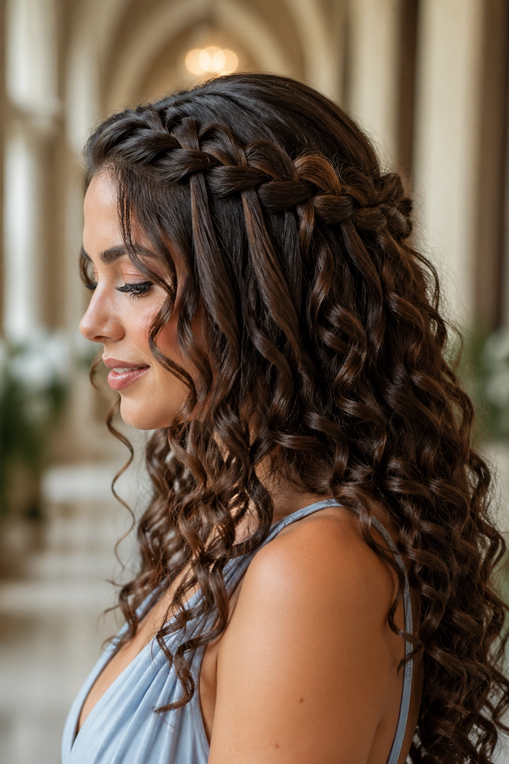 Real woman wearing waterfall braid over defined ringlets in bridal setting