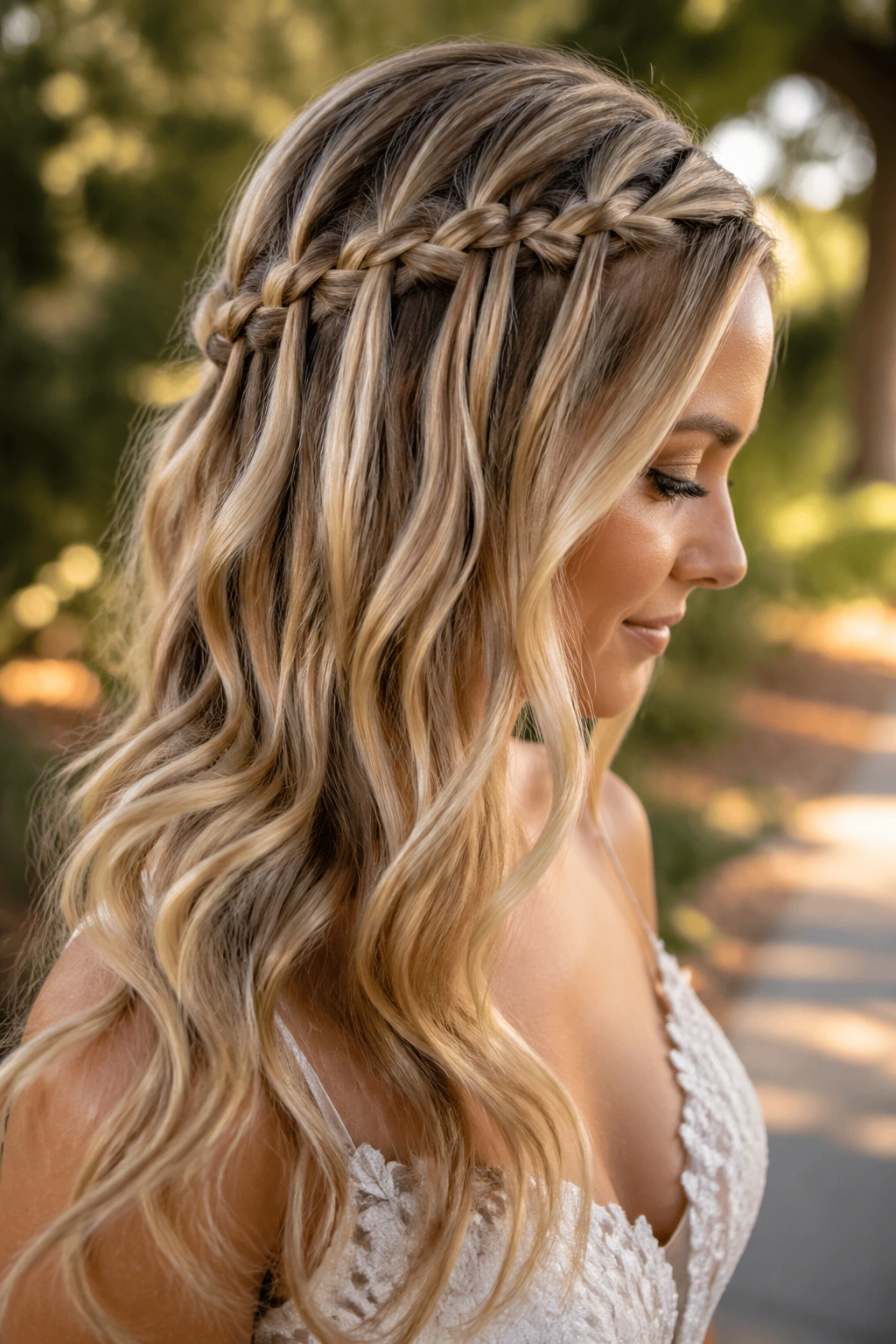 Bride with waterfall braid over soft waves in natural light