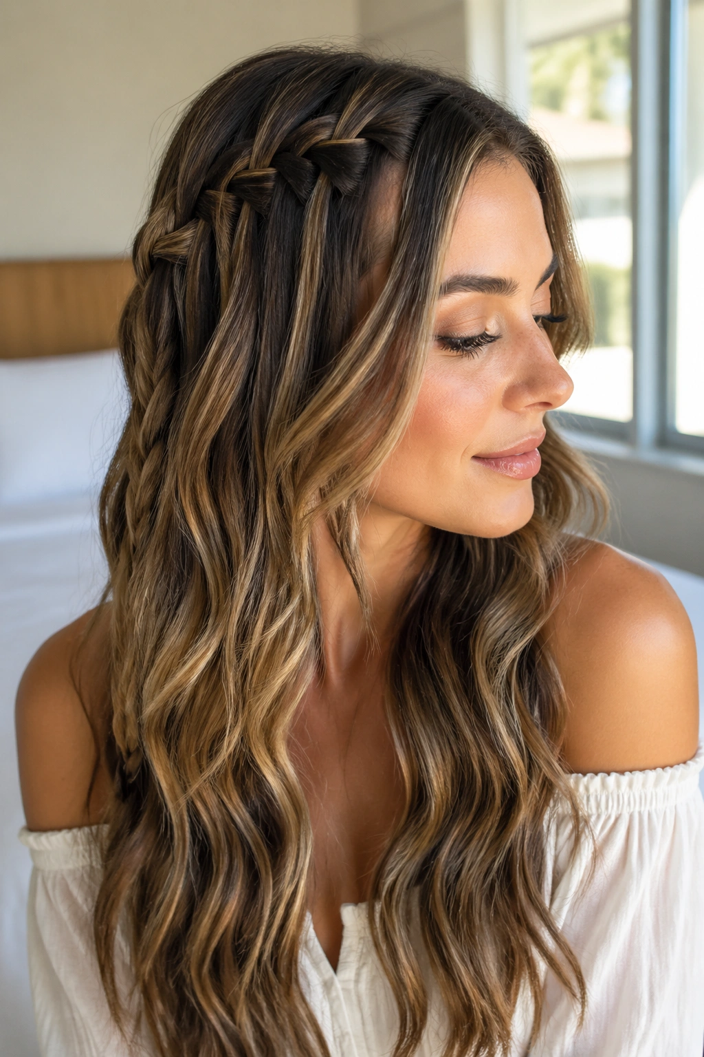 Close-up of a real woman with a loose waterfall braid above the ear flowing into waves