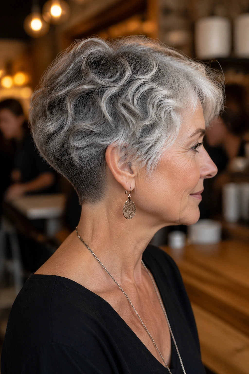 Close-up of a real woman with a wavy cropped haircut and tapered nape in a warm cafe