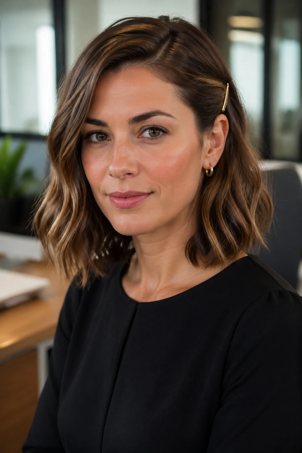 Close-up of a real woman with a wavy lob tucked behind the ear
