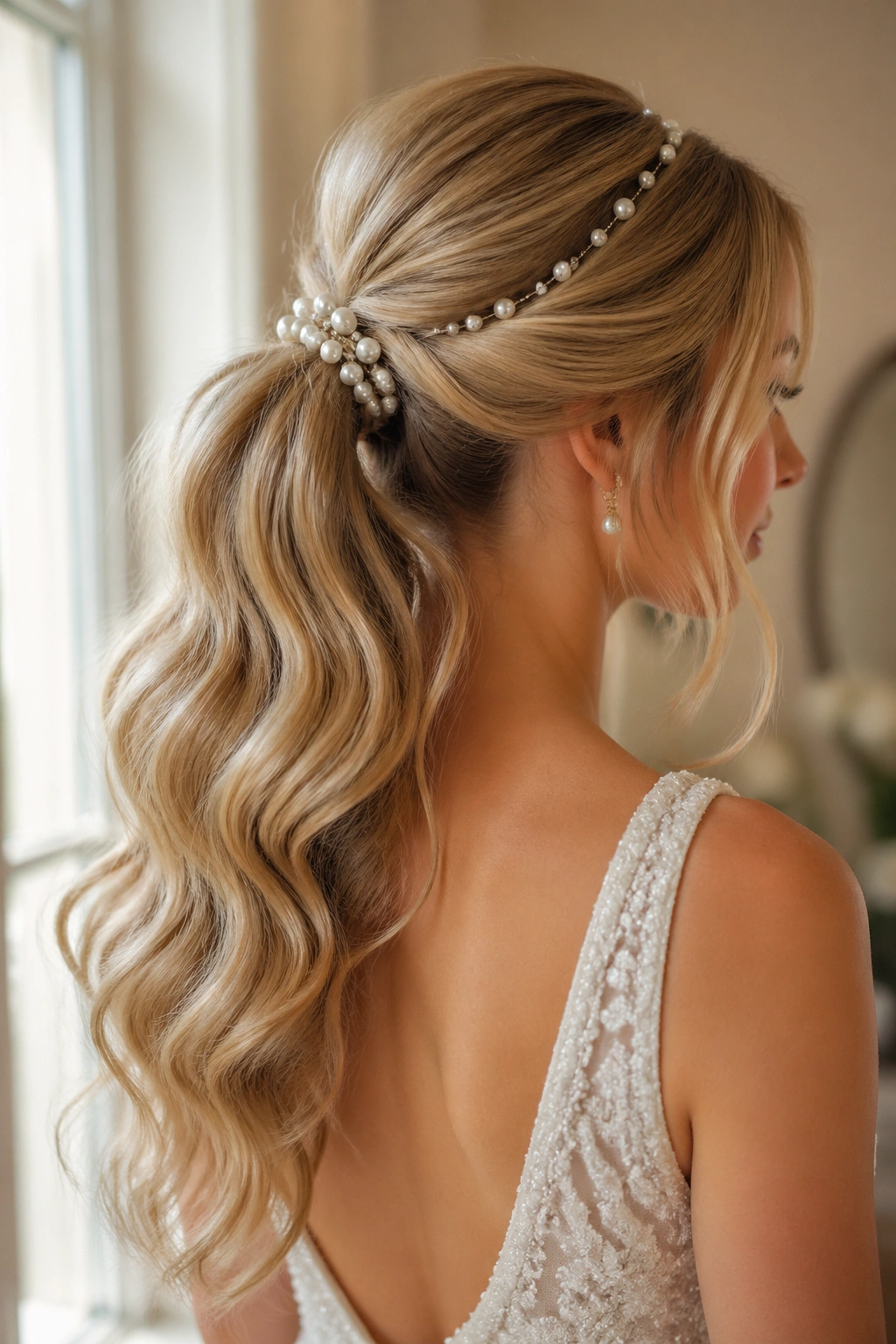 Portrait of a real bride with a wavy ponytail and pearl details in a chic dressing room.