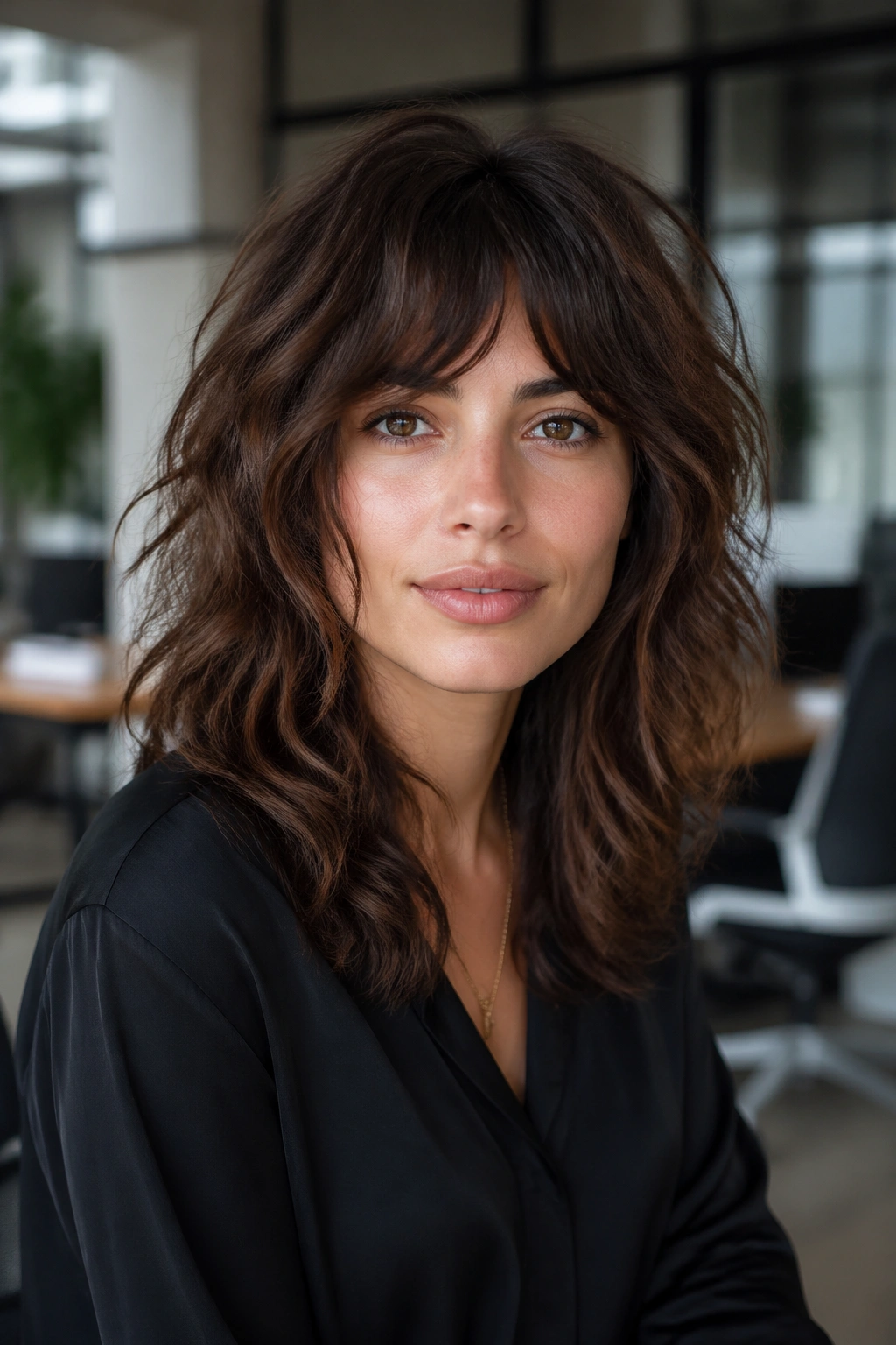 Real woman with wavy shag and controlled frizz in an office setting