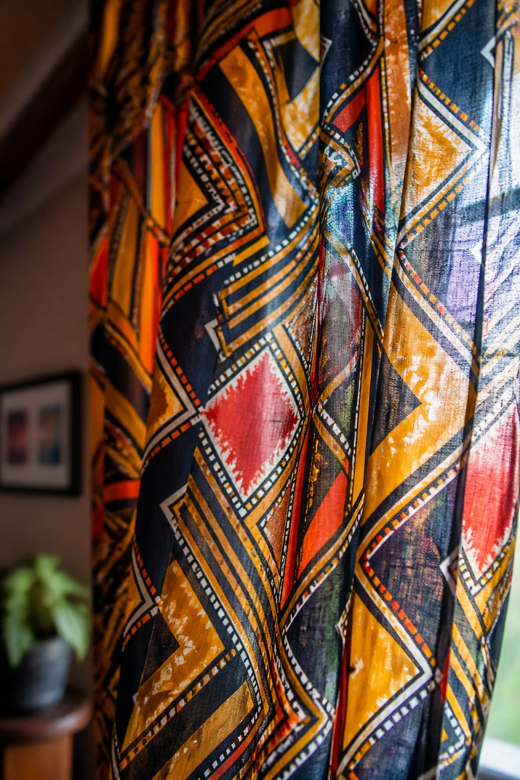 Close-up of wax print curtain fabric at a window