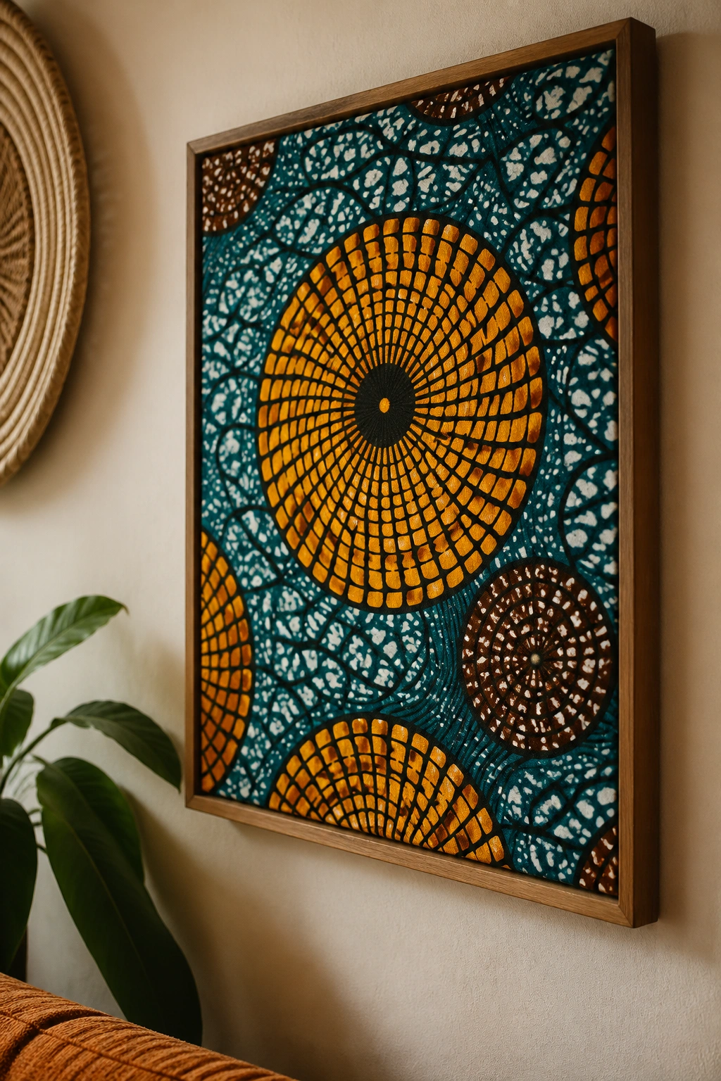 Wax print fabric framed as wall art on a warm-toned living room wall.