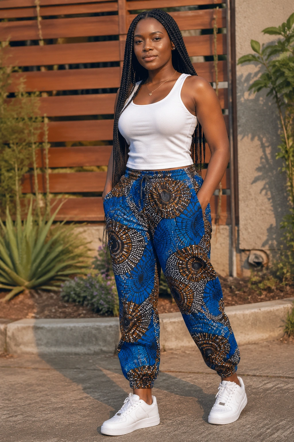 Person in wax print joggers and fitted tank outdoors